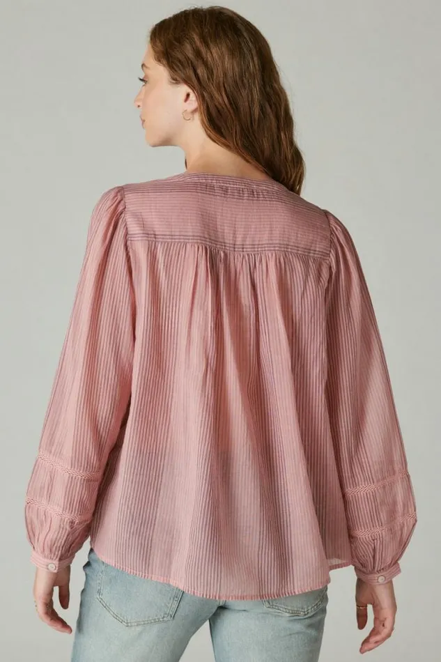 Women Lucky Brand All Tops Smocked Button Through Blouse Zephyr Pink Stripe