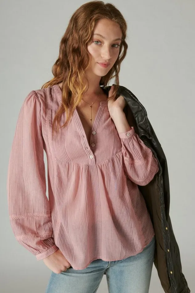 Women Lucky Brand All Tops Smocked Button Through Blouse Zephyr Pink Stripe