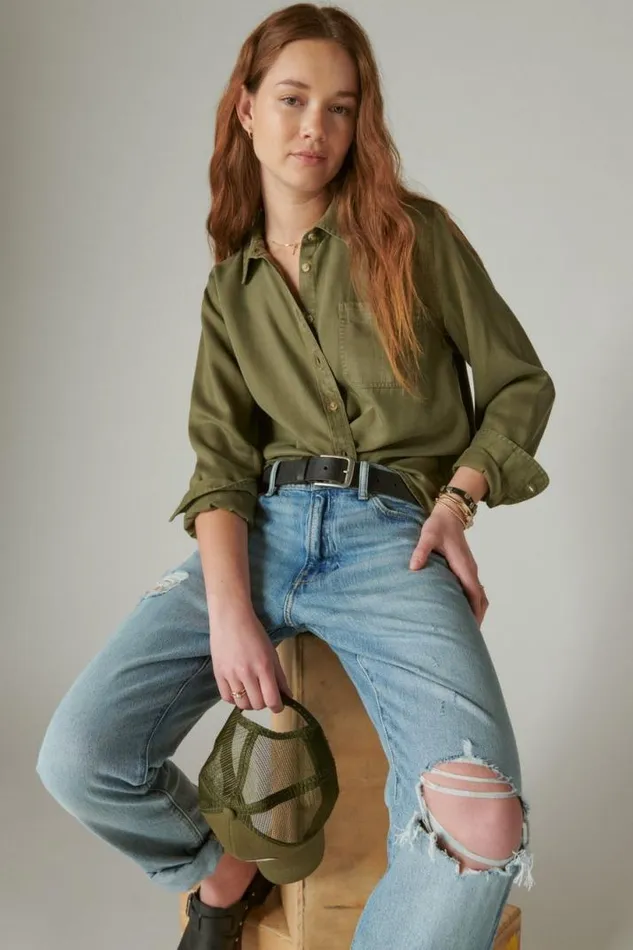 Women Lucky Brand All Tops Solid Boyfriend Button Down Shirt Olive