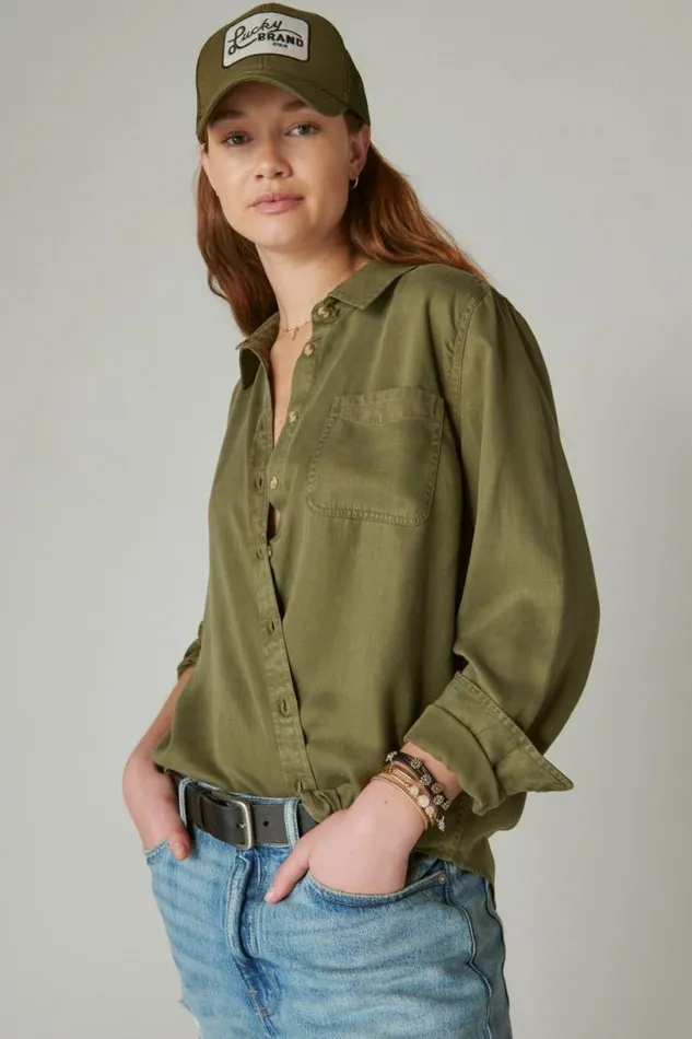 Women Lucky Brand All Tops Solid Boyfriend Button Down Shirt Olive