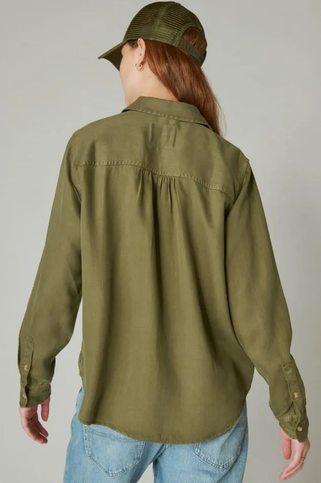 Women Lucky Brand All Tops Solid Boyfriend Button Down Shirt Olive