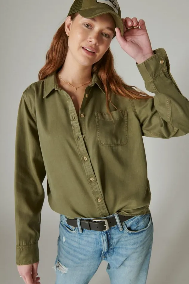 Women Lucky Brand All Tops Solid Boyfriend Button Down Shirt Olive