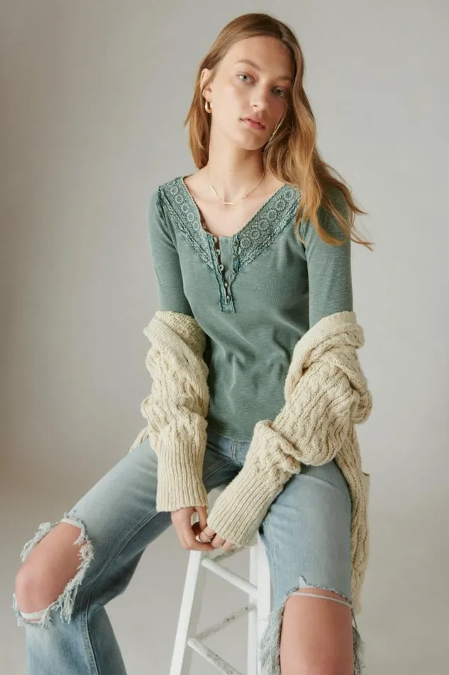 Women Lucky Brand All Tops Trim Mix Henley Balsam Green