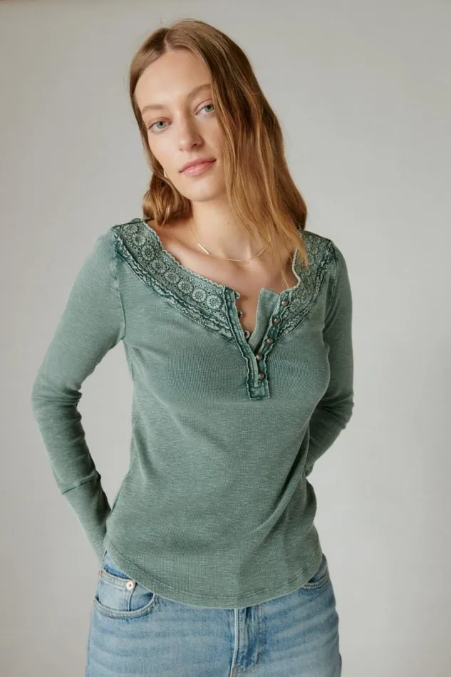 Women Lucky Brand All Tops Trim Mix Henley Balsam Green