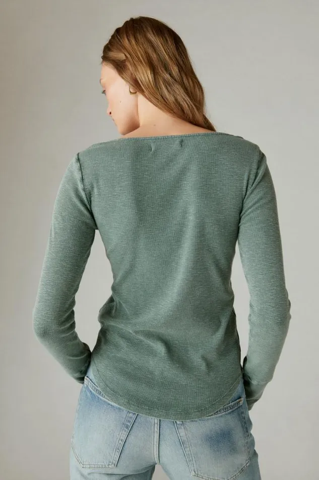 Women Lucky Brand All Tops Trim Mix Henley Balsam Green