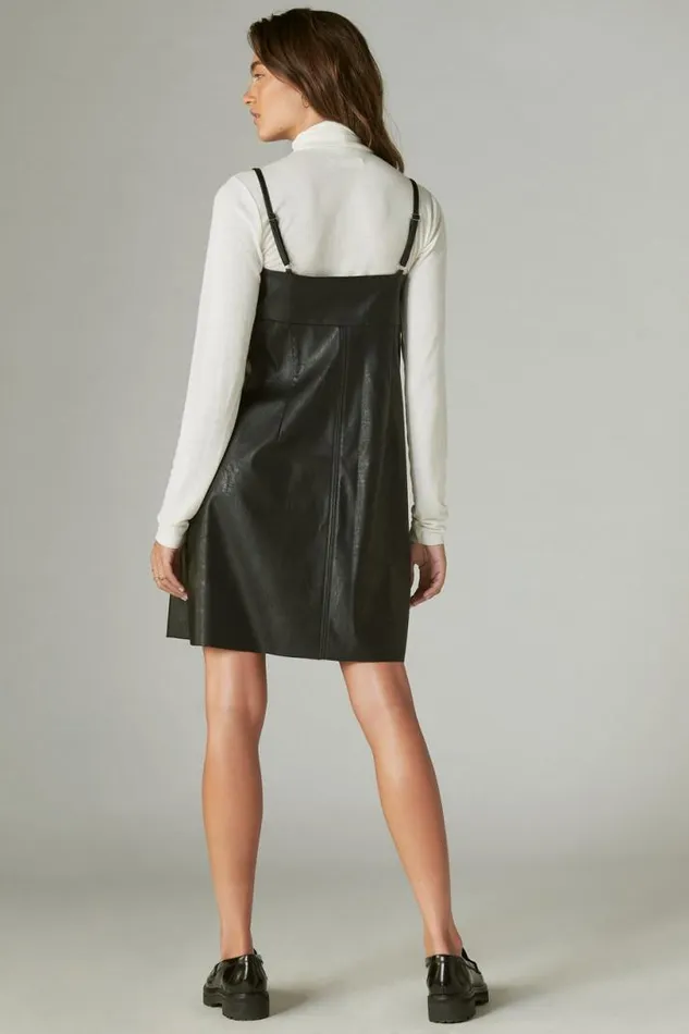 Women Lucky Brand Dresses Faux Leather Babydoll Slip Dress Black