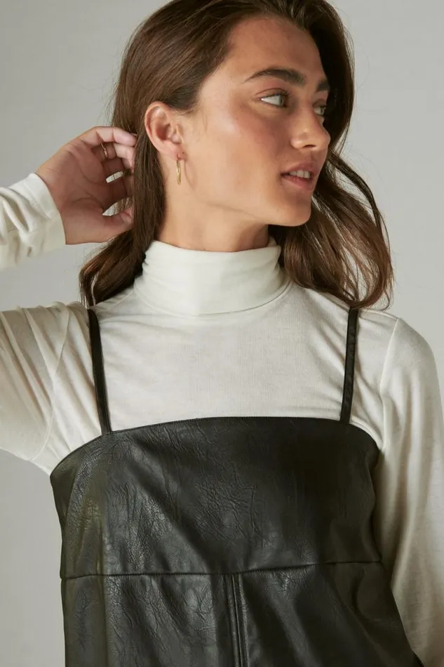 Women Lucky Brand Dresses Faux Leather Babydoll Slip Dress Black