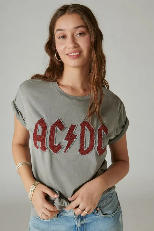 Women Lucky Brand Graphic Tees Acdc Beaded Boyfriend Tee Castle Rock