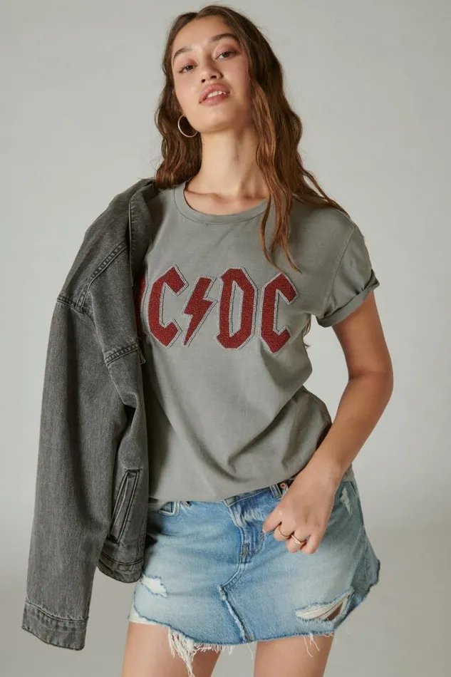 Women Lucky Brand Graphic Tees Acdc Beaded Boyfriend Tee Castle Rock