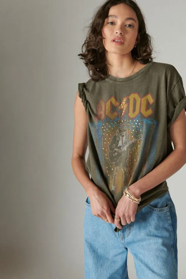 Women Lucky Brand Graphic Tees Acdc Studs Boyfriend Tee Black Olive