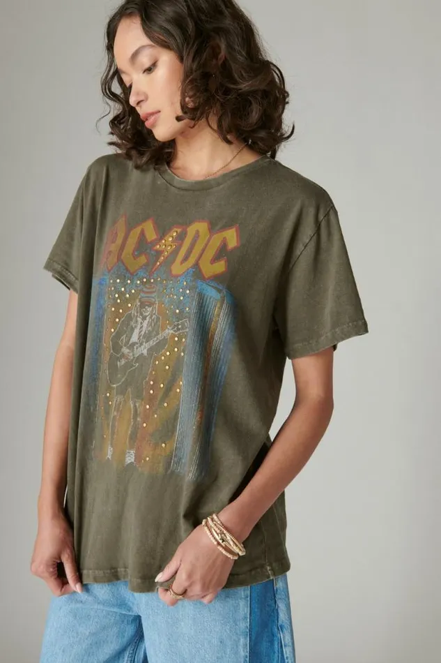 Women Lucky Brand Graphic Tees Acdc Studs Boyfriend Tee Black Olive