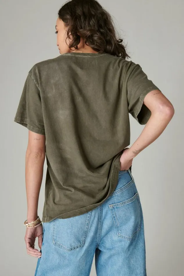 Women Lucky Brand Graphic Tees Acdc Studs Boyfriend Tee Black Olive