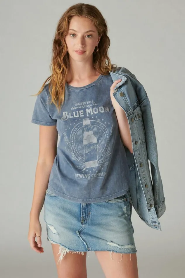 Women Lucky Brand Graphic Tees Blue Moon Classic Crew Dress Blues