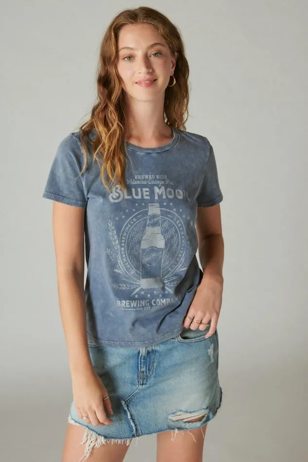 Women Lucky Brand Graphic Tees Blue Moon Classic Crew Dress Blues