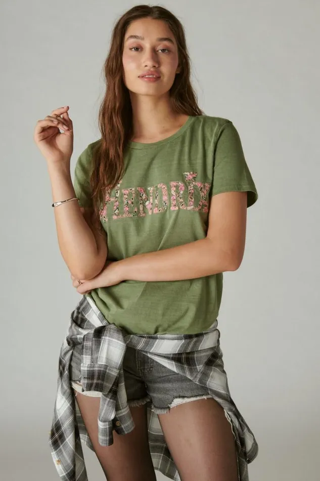 Women Lucky Brand Graphic Tees Hendrix Floral Classic Crew Olivine