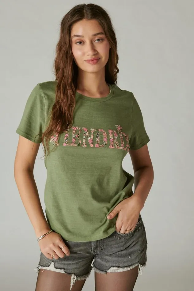 Women Lucky Brand Graphic Tees Hendrix Floral Classic Crew Olivine