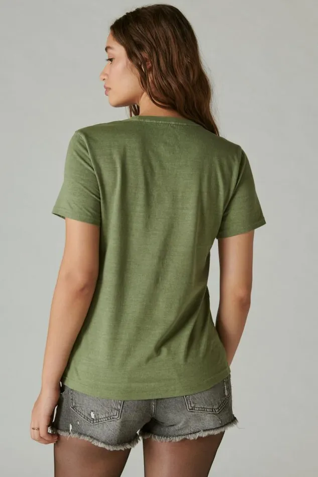 Women Lucky Brand Graphic Tees Hendrix Floral Classic Crew Olivine