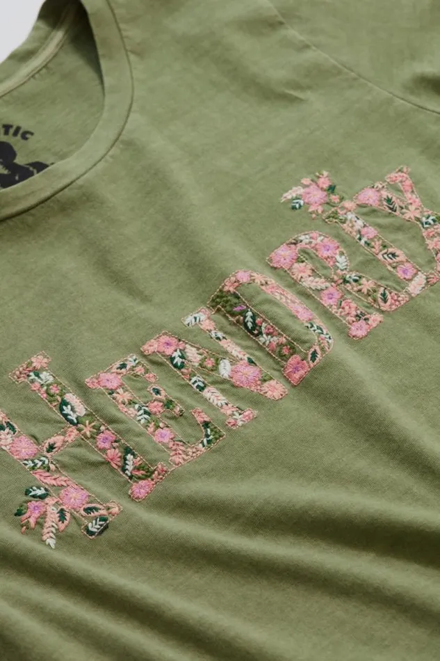 Women Lucky Brand Graphic Tees Hendrix Floral Classic Crew Olivine