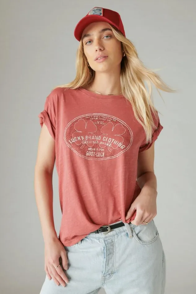 Women Lucky Brand Graphic Tees Lucky Double Clover Boyfriend Tee Cardinal