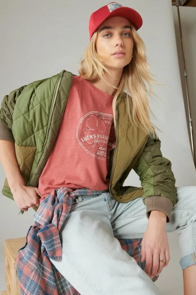Women Lucky Brand Graphic Tees Lucky Double Clover Boyfriend Tee Cardinal