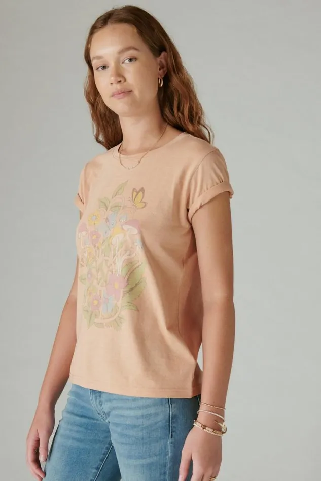 Women Lucky Brand Graphic Tees Spiritual Boyfriend Crew Sandune Dest