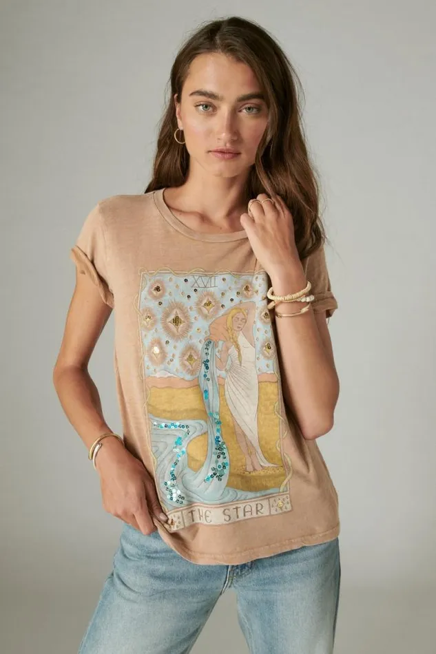 Women Lucky Brand Graphic Tees The Star Tarot Classic Crew Cafe Au Lait