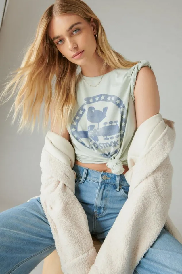 Women Lucky Brand Graphic Tees Woodstock Star Circle Boyfriend Tee Zephyr Blur