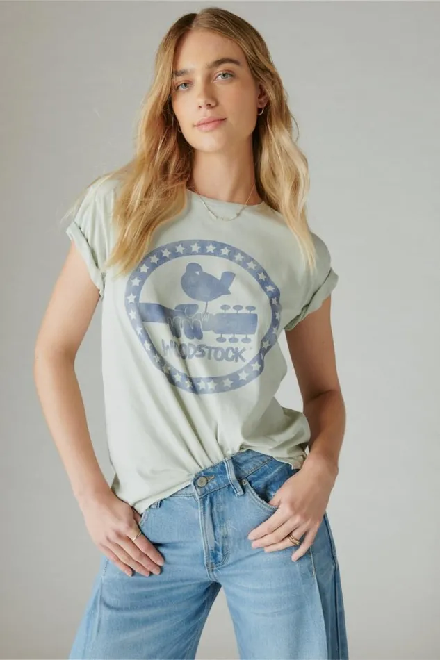 Women Lucky Brand Graphic Tees Woodstock Star Circle Boyfriend Tee Zephyr Blur