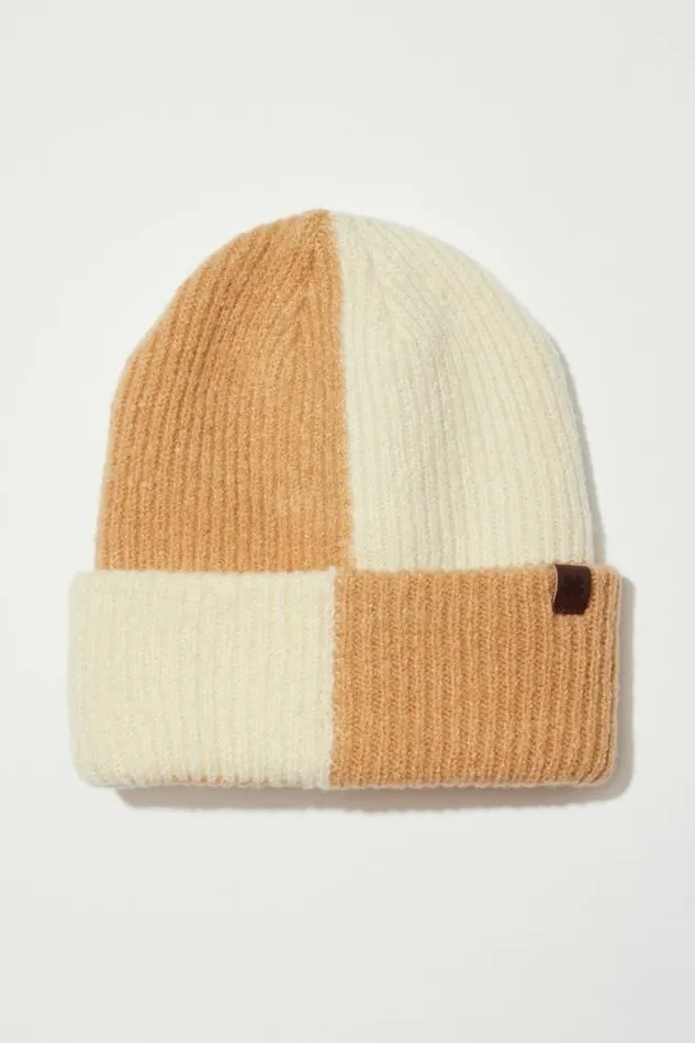 Women Lucky Brand Hats Checkered Color Block Beanie Medium Beige