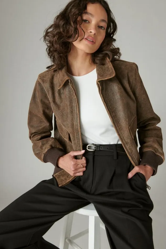 Women Lucky Brand Jackets and Outerwear Distressed Cropped Leather Bomber Jacket Brown