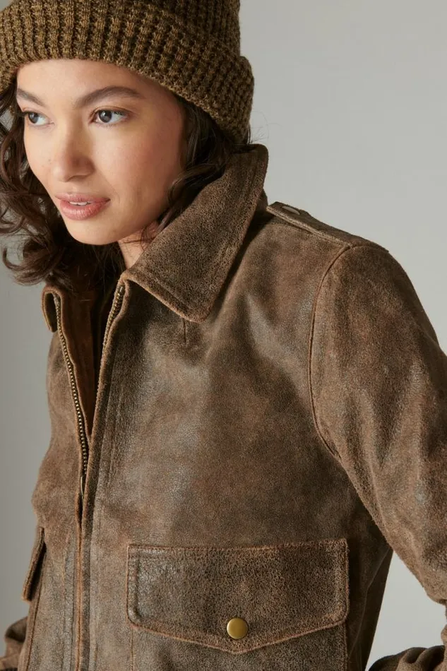 Women Lucky Brand Jackets and Outerwear Distressed Cropped Leather Bomber Jacket Brown