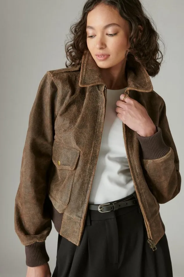 Women Lucky Brand Jackets and Outerwear Distressed Cropped Leather Bomber Jacket Brown