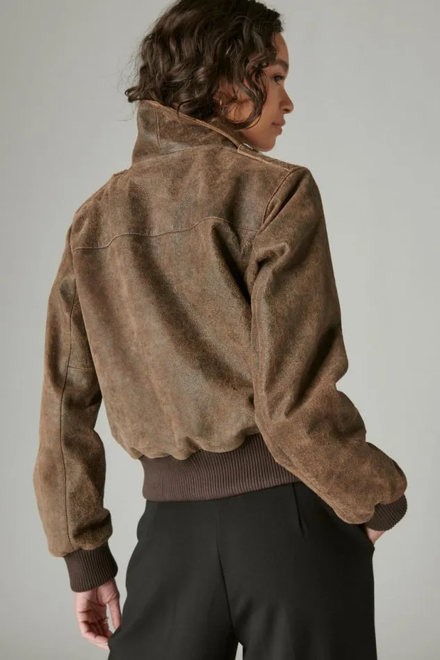 Women Lucky Brand Jackets and Outerwear Distressed Cropped Leather Bomber Jacket Brown