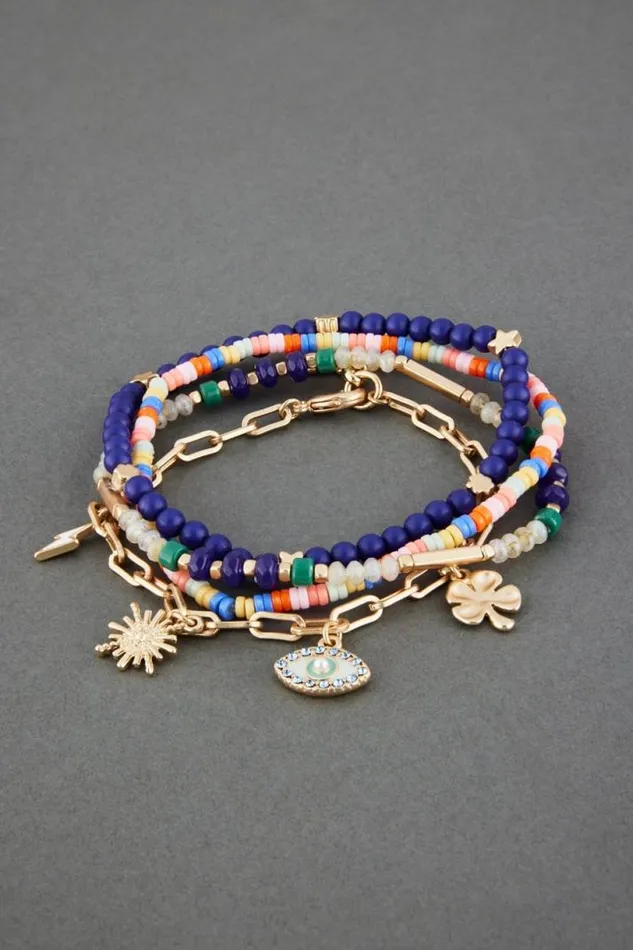 Women Lucky Brand Jewelry Multi Color Lucky Charm Bracelet Set Gold