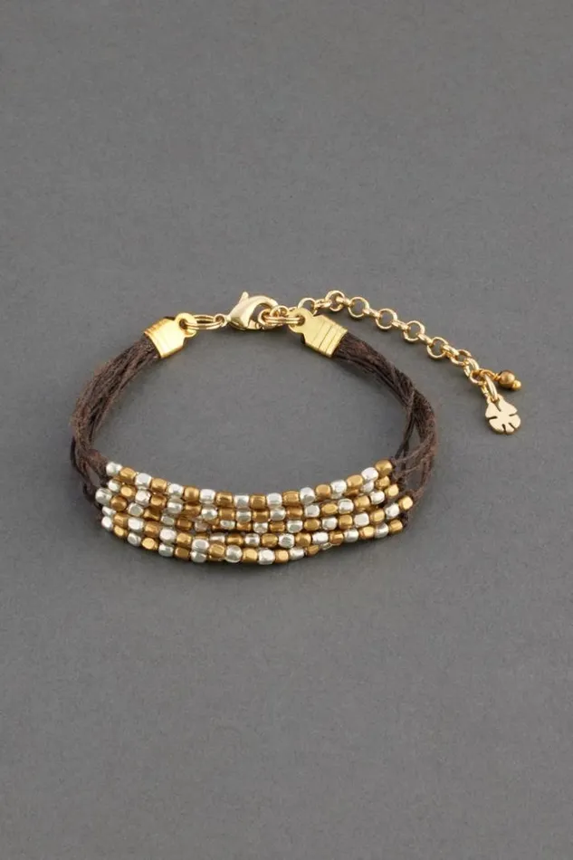 Women Lucky Brand Jewelry Two Tone Beaded Leather Layer Bracelet Two Tone
