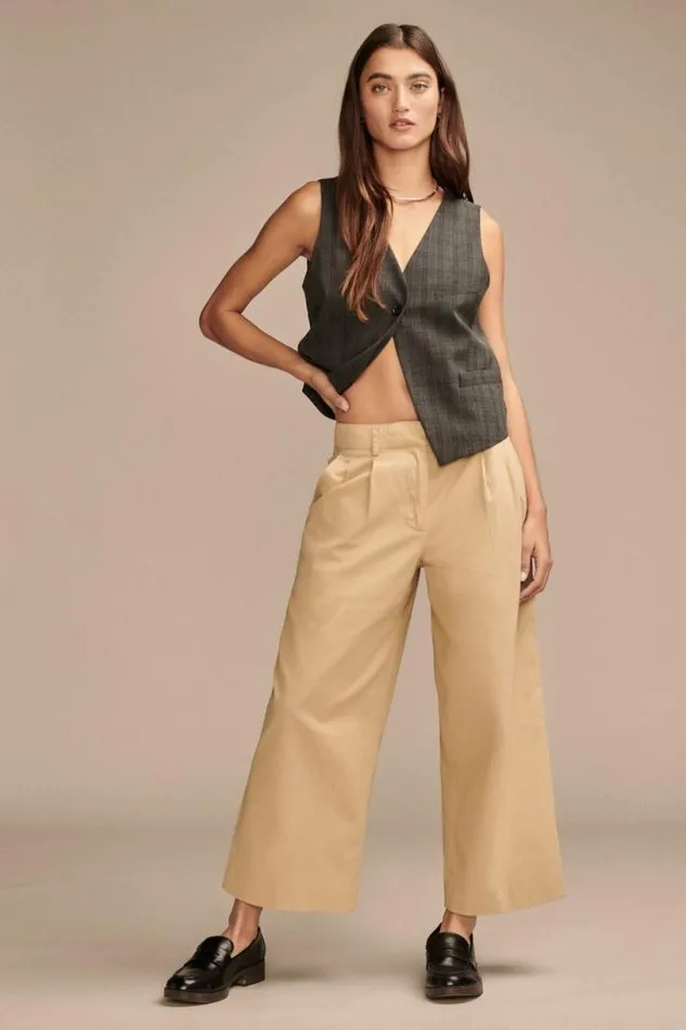 Women Lucky Brand Pants Pleated Wide Leg Crop Pant Dark Khaki