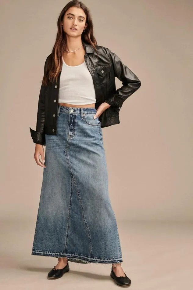 Women Lucky Brand Skirts Denim Maxi Skirt Mackie Wash