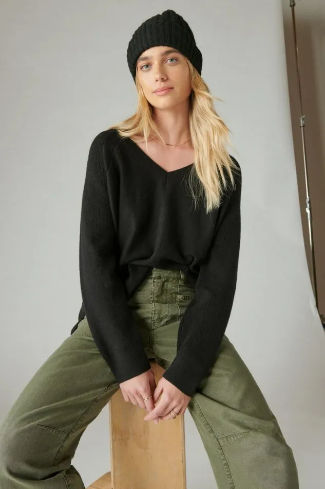 Women Lucky Brand Sweaters and Sweatshirts Cloud Soft V Neck Sweater Black