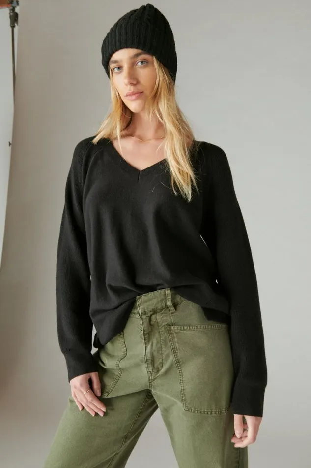 Women Lucky Brand Sweaters and Sweatshirts Cloud Soft V Neck Sweater Black