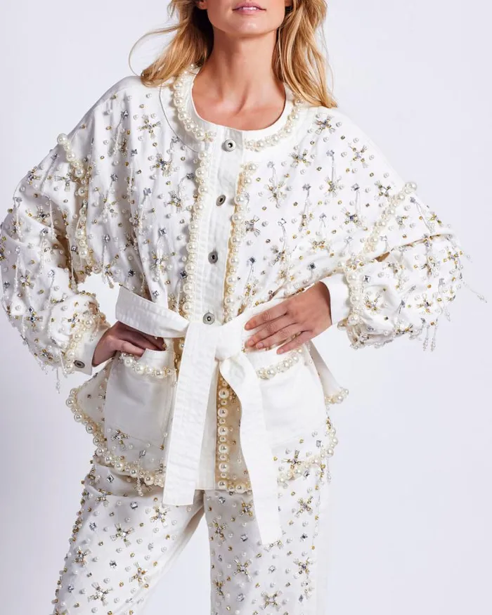 Women Matching Sets PatBO Beaded Denim Jacket White