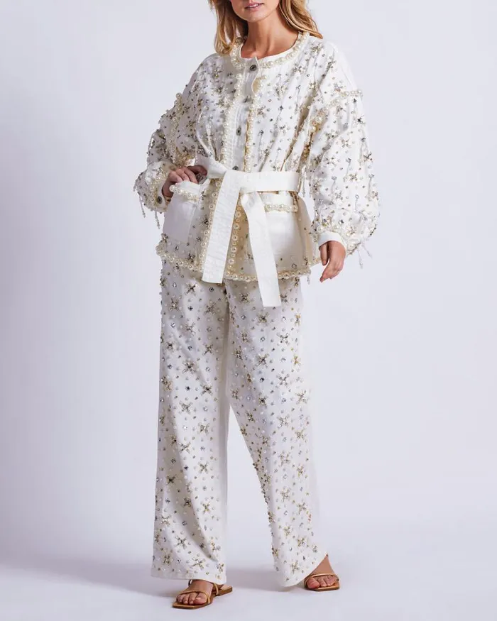 Women Matching Sets PatBO Beaded Denim Jacket White