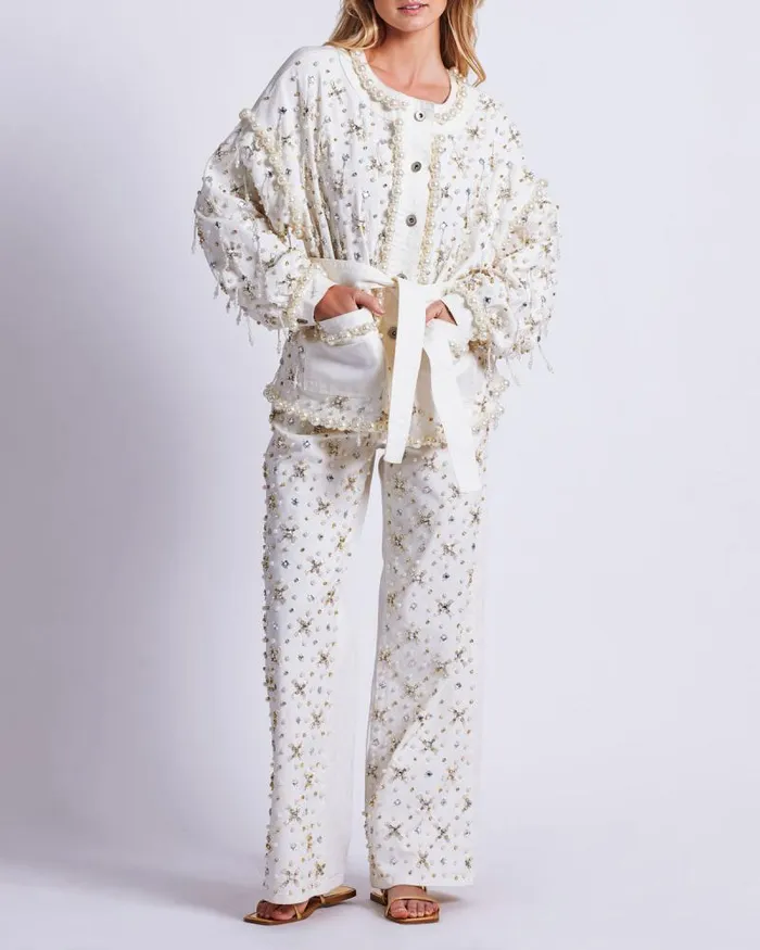 Women Matching Sets PatBO Beaded Denim Jacket White
