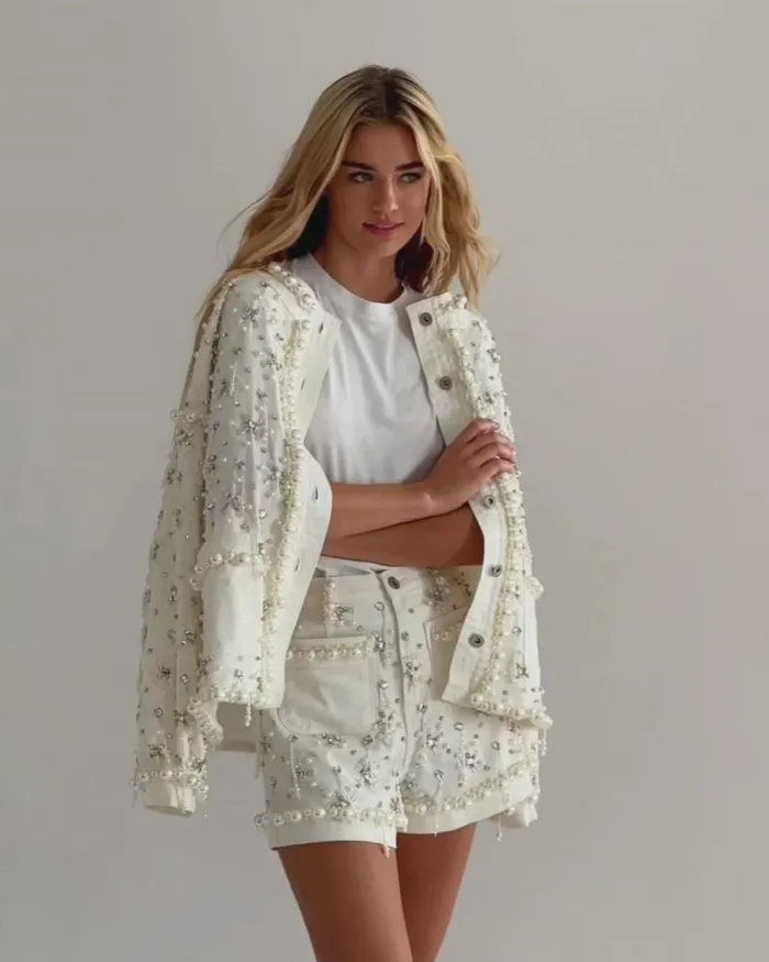 Women Matching Sets PatBO Beaded Denim Jacket White