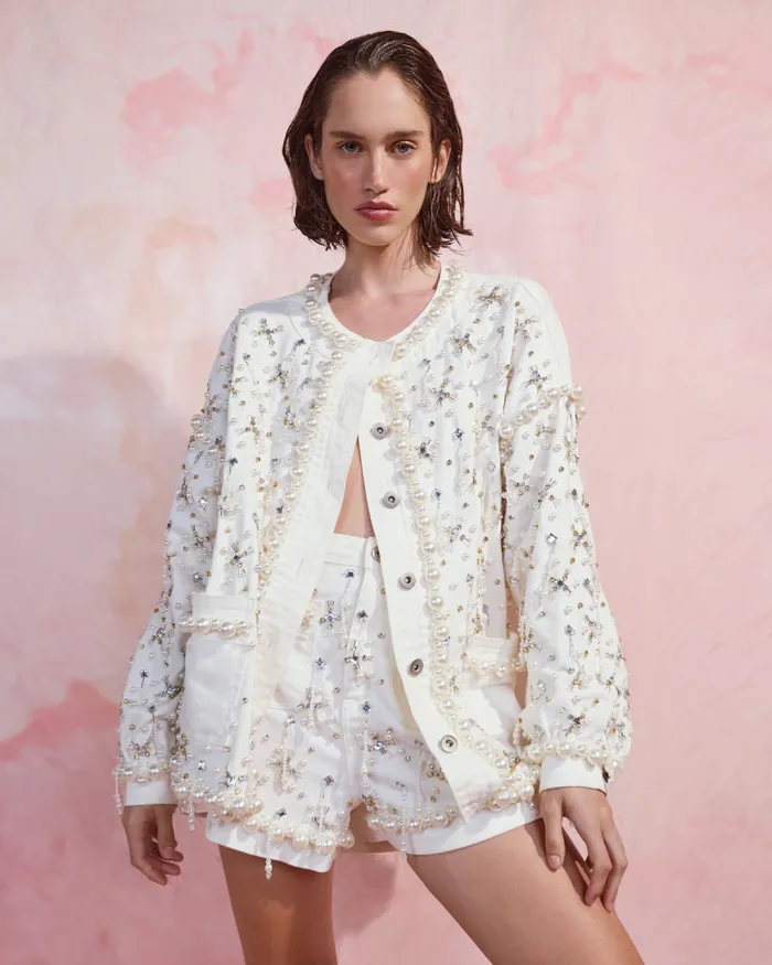 Women Matching Sets PatBO Beaded Denim Jacket White