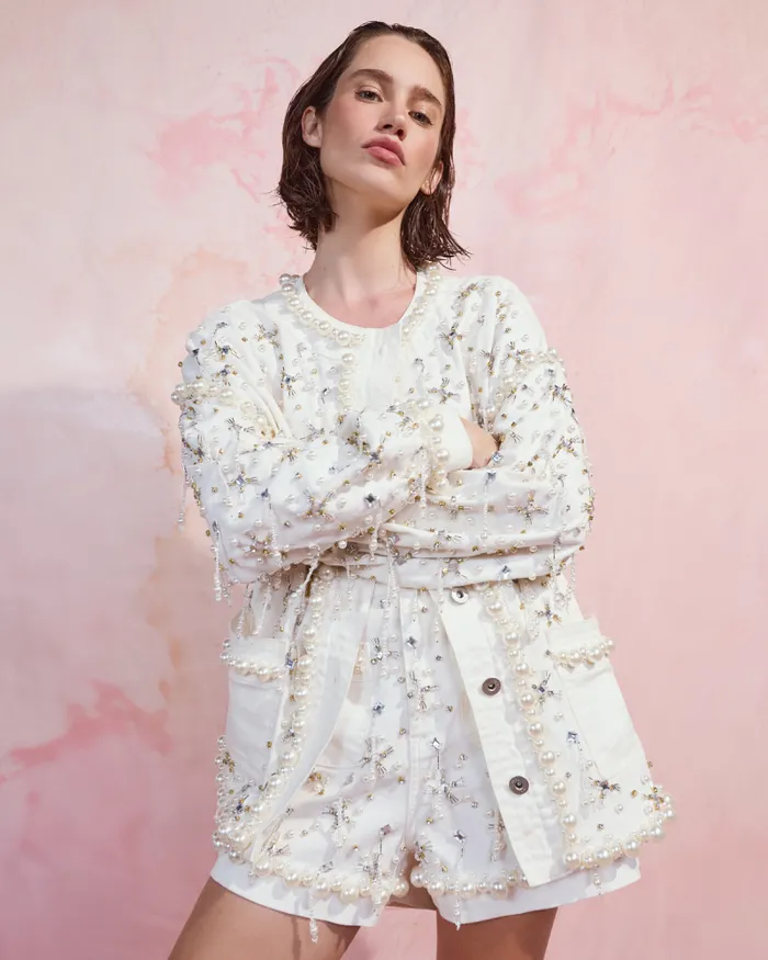 Women Matching Sets PatBO Beaded Denim Jacket White