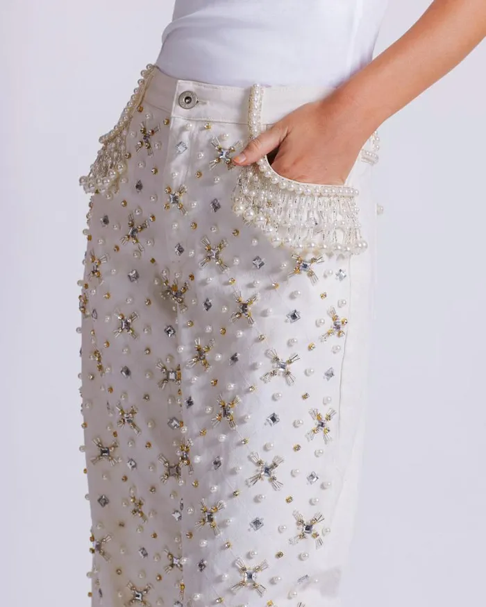 Women Matching Sets PatBO Beaded Wide Leg Jeans FINAL SALE White