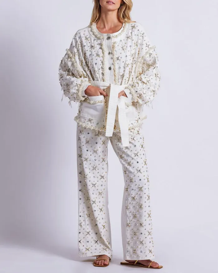 Women Matching Sets PatBO Beaded Wide Leg Jeans FINAL SALE White