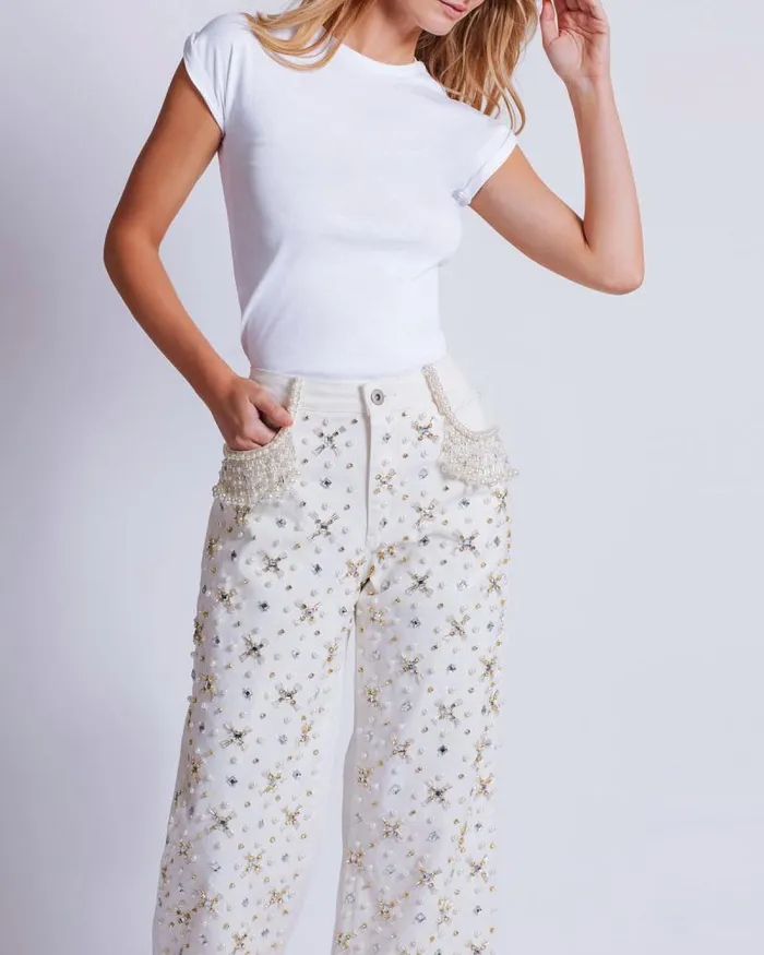 Women Matching Sets PatBO Beaded Wide Leg Jeans FINAL SALE White
