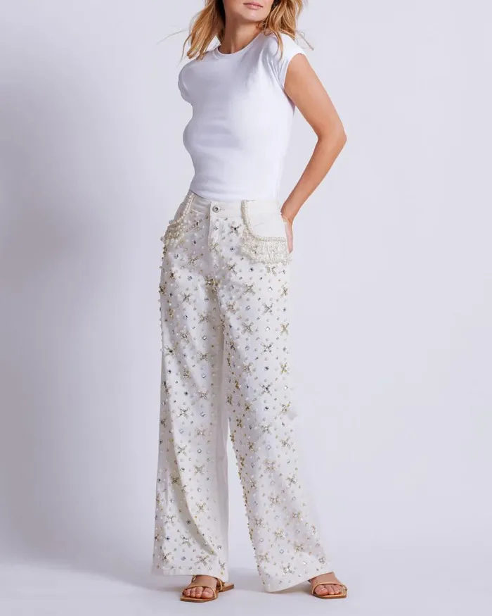 Women Matching Sets PatBO Beaded Wide Leg Jeans FINAL SALE White