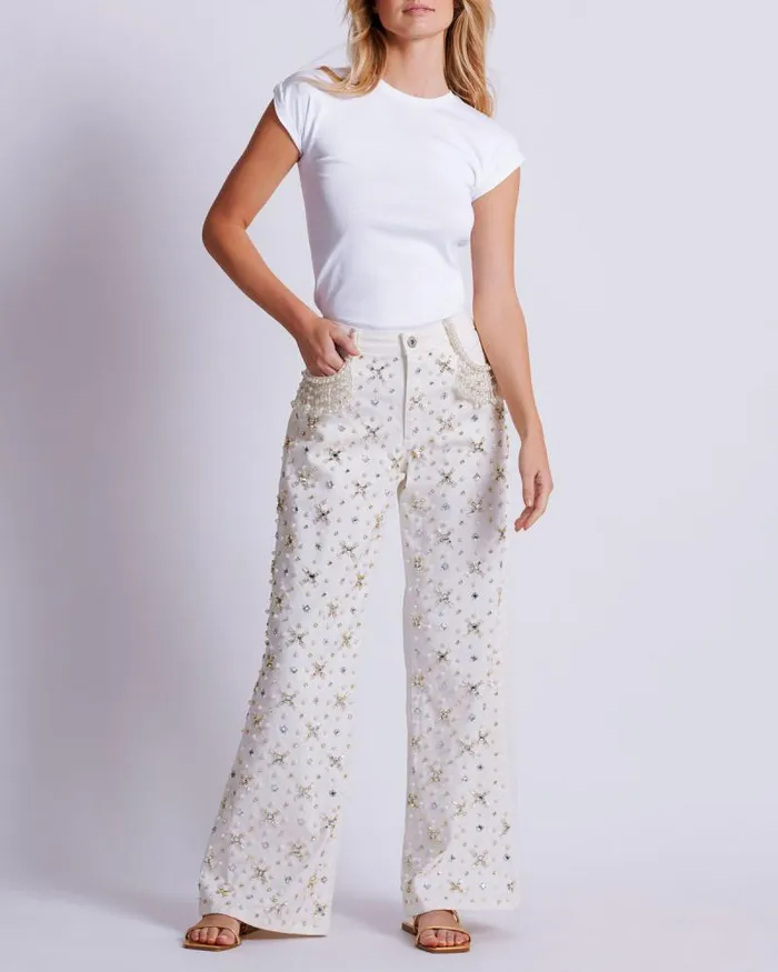 Women Matching Sets PatBO Beaded Wide Leg Jeans FINAL SALE White